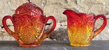 Vintage Amberina Glass Creamer & Sugar Set UV Cadmium Glow