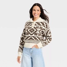 Women's Fairisle Henley Shawl Sweater - Universal Thread Brown M