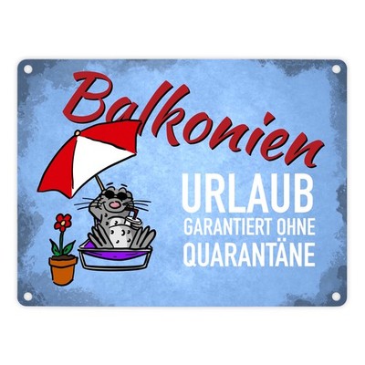 Balkonien Urlaub Metallschild in 15x20 cm mit Seeleopard auf dem Balkon