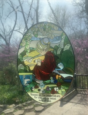 AMIA Window Art Hand Painted Glass Blessed Are The Peacemakers Suncatcher 8.75