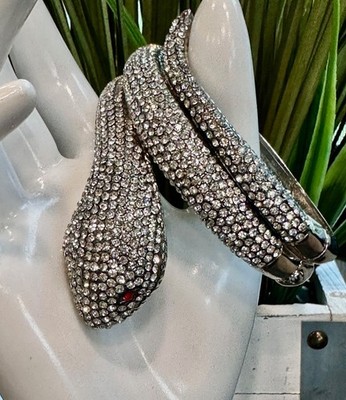 Estate Coiled Snake Bracelet Clamper Clear Encrusted Rhinestone Silver Tone