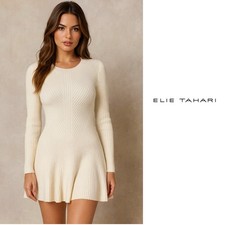 NEW Elie Tahari Cream Ribbed Long Sleeve Dress in Winter White Sz Large