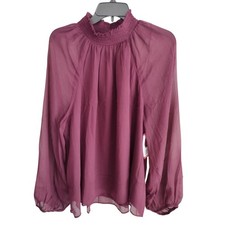 Joie NEW Deep Wine Chiffon Overlay Smocked-Neck Sheer Balloon Sleeve Blouse XL