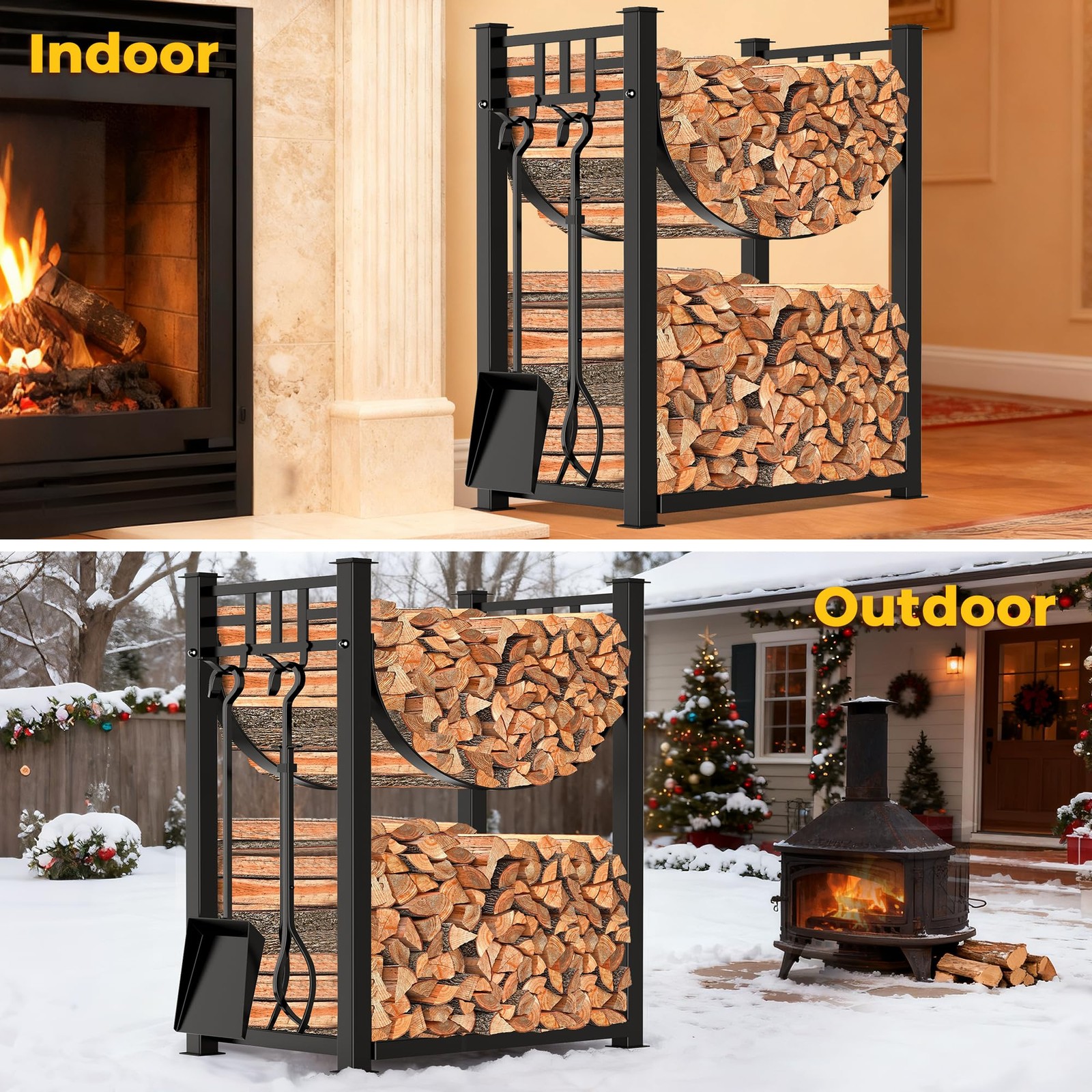 31.6in Large Firewood Rack Fireplace Tools Set Wood Holder Indoor log Rack Wi...