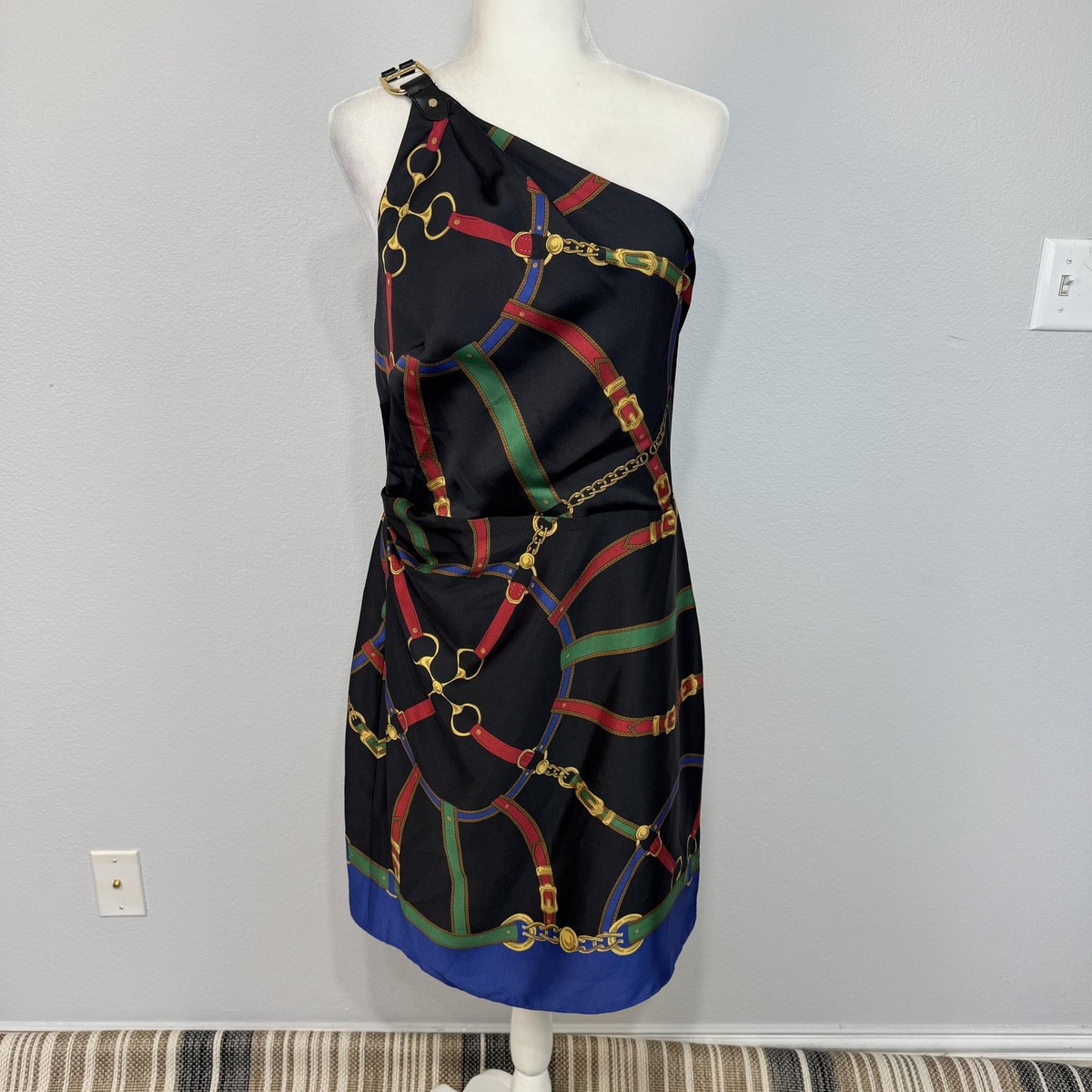 Lauren Ralph Lauren Dress Women's 14 Black One Shoulder Chain Print  Equestrian