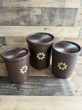 Set of 3 Brown Tupperware Servalier Canisters. Mushrooms pattern. Made in USA.