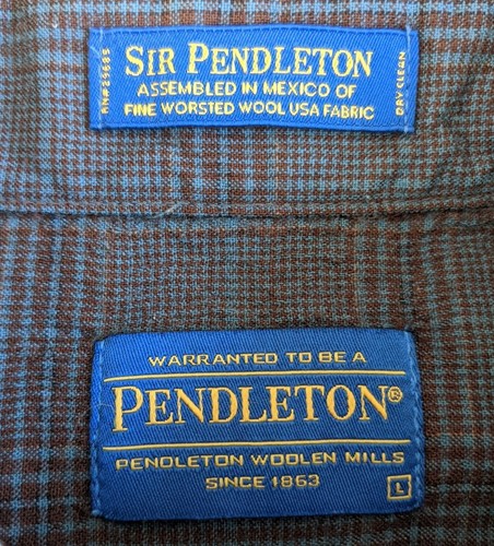 Sir Pendleton Mens Large Shirt 100% Wool Brown Blue Plaid L Button Down Collar - Picture 6 of 8