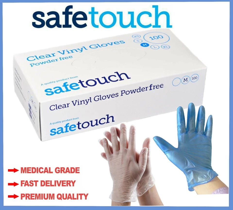 SAFETOUCH Disposable Powder Free Clear Vinyl Gloves Food Medical Surgical Tattoo ALL SIZES