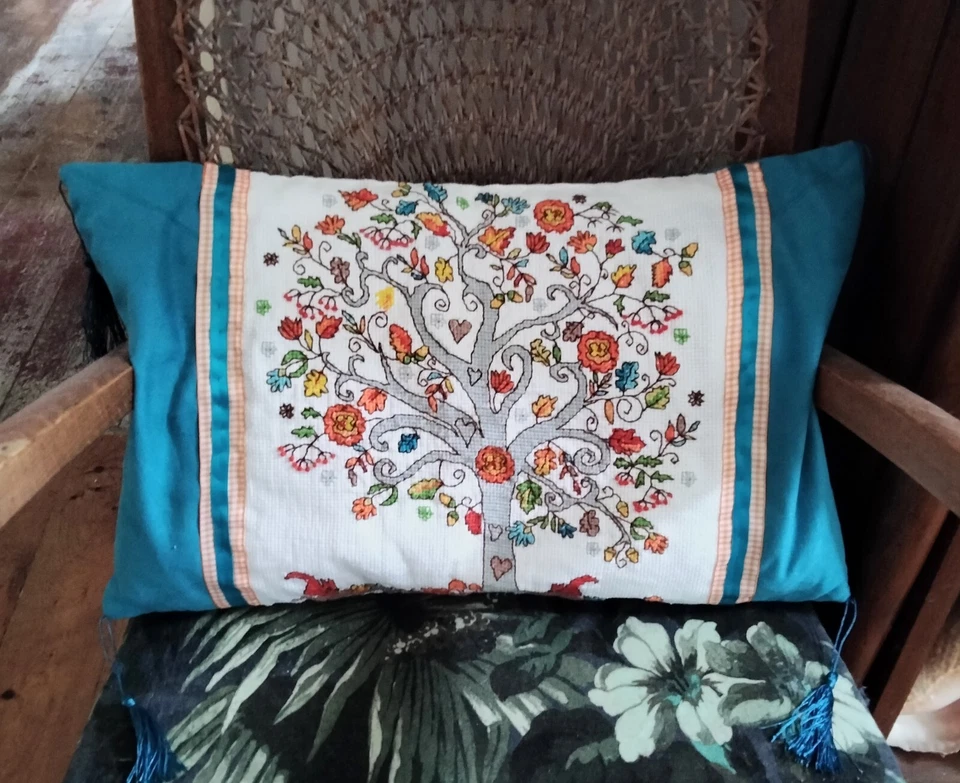 Handmade Cushion OOAK blue suedette & orange tree tapestry cross stitch Tassels - Image 3 of 4