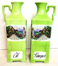 Vintage Crown Victoria Oil and Vinegar Cruets Jars 8.25" Czechoslovakia 