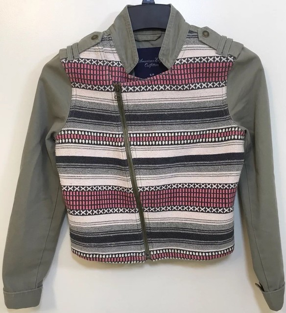 AMERICAN EAGLE OUTFITTERS JACKET OLIVE DRAB GREEN MULTICOLOR PATTERN