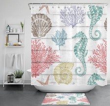 Nautical Coastal Ocean Seashell Red Coral Shower Curtain Set for Bathroom Decor