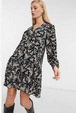 Mango Tiered Mini Smock Dress in Black Floral Print Size 2