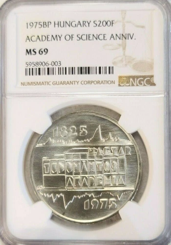 1975 HUNGARY SILVER 200 FORINT ACADEMY OF SCIENCE ANNIV NGC MS 69 RARE TOP POP