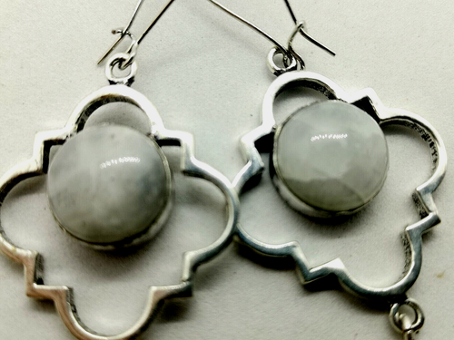 Natural White Moonstone Silver Gothic Chain Dangles Earrings (551H) - Picture 8 of 9