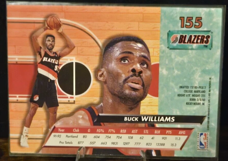 Fleer - 1992 - 巴克·威廉姆斯 - #155 波特兰开拓者队 - 卡片 — 第 2/2 张图片
