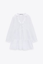 ZARA WHITE SHORT V-NECK PANELLED RUFFLE HEM OXFORD DRESS SIZE S BNWT
