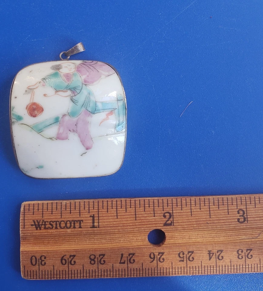 Dije Colgante Vintage Tono Plata Porcelana Cerámica Tema Asiático Foto 3 de 4