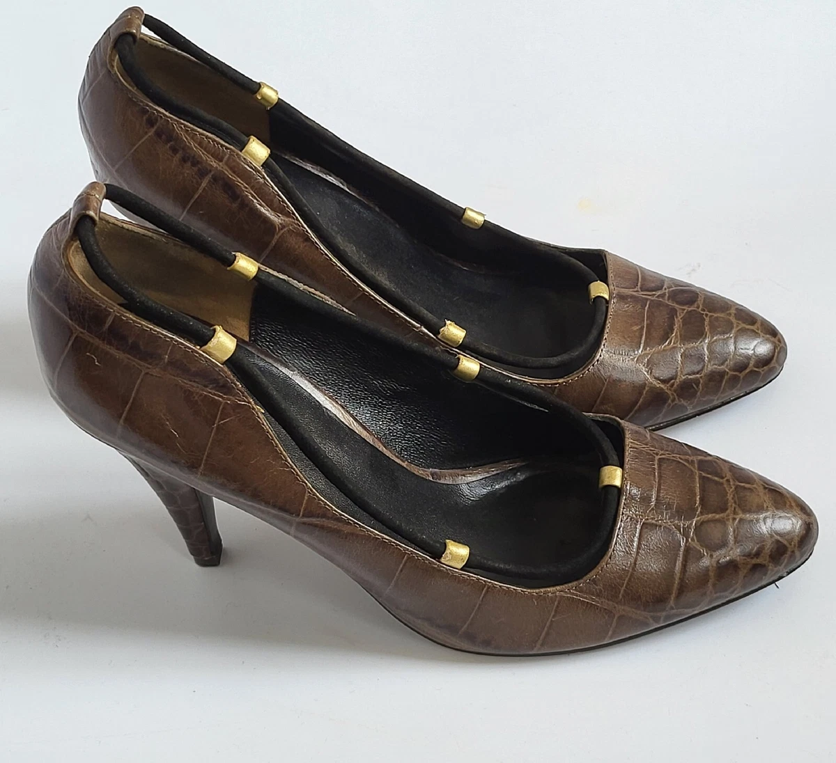 Reiss Women Leather Croc Embossed Khaki Green Court Shoes Size 6