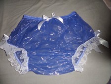 ABDL BLUE PLASTIC NAPPY PANTS WHITE LACE TRIM SATIN BOWS M/L
