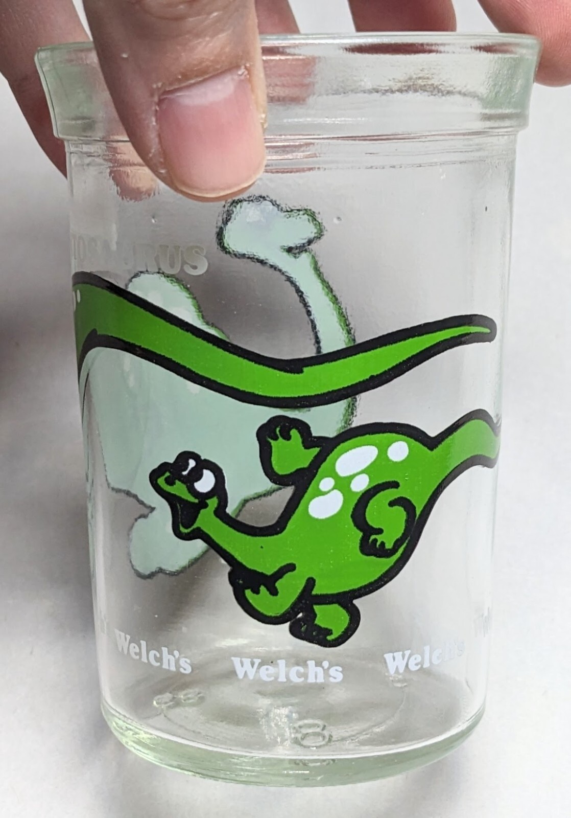 Vintage 1988 Welch’s Jelly Jar Juice Glass, Green Dinosaur Brontosaurus