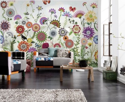 Bunte florale Fototapete 368x254cm Papier Dekor weiß rosa grün Blumen