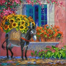 Ceramic Tile Mural Backsplash Senkarik Southwest Burro Floral Art MSA164
