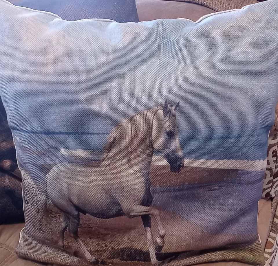 Set of 2 Horse-themed Pillows White Arabian At Ocean & Brown Walker 16x16 New - Image 2 of 4