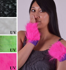 Womens Neon Cat Costume Pink Faux Fur Gloves Short Arm Cuffs Halloween Rave Girl