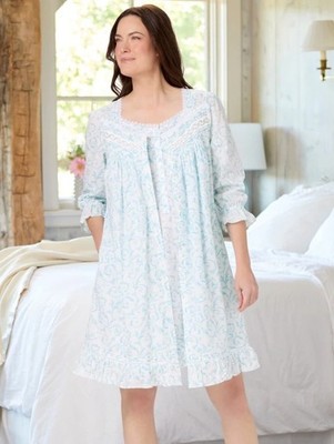 Eileen West Aqua Scroll Short Cotton Robe Blue Lace Ruffle Cottagecore Womens M