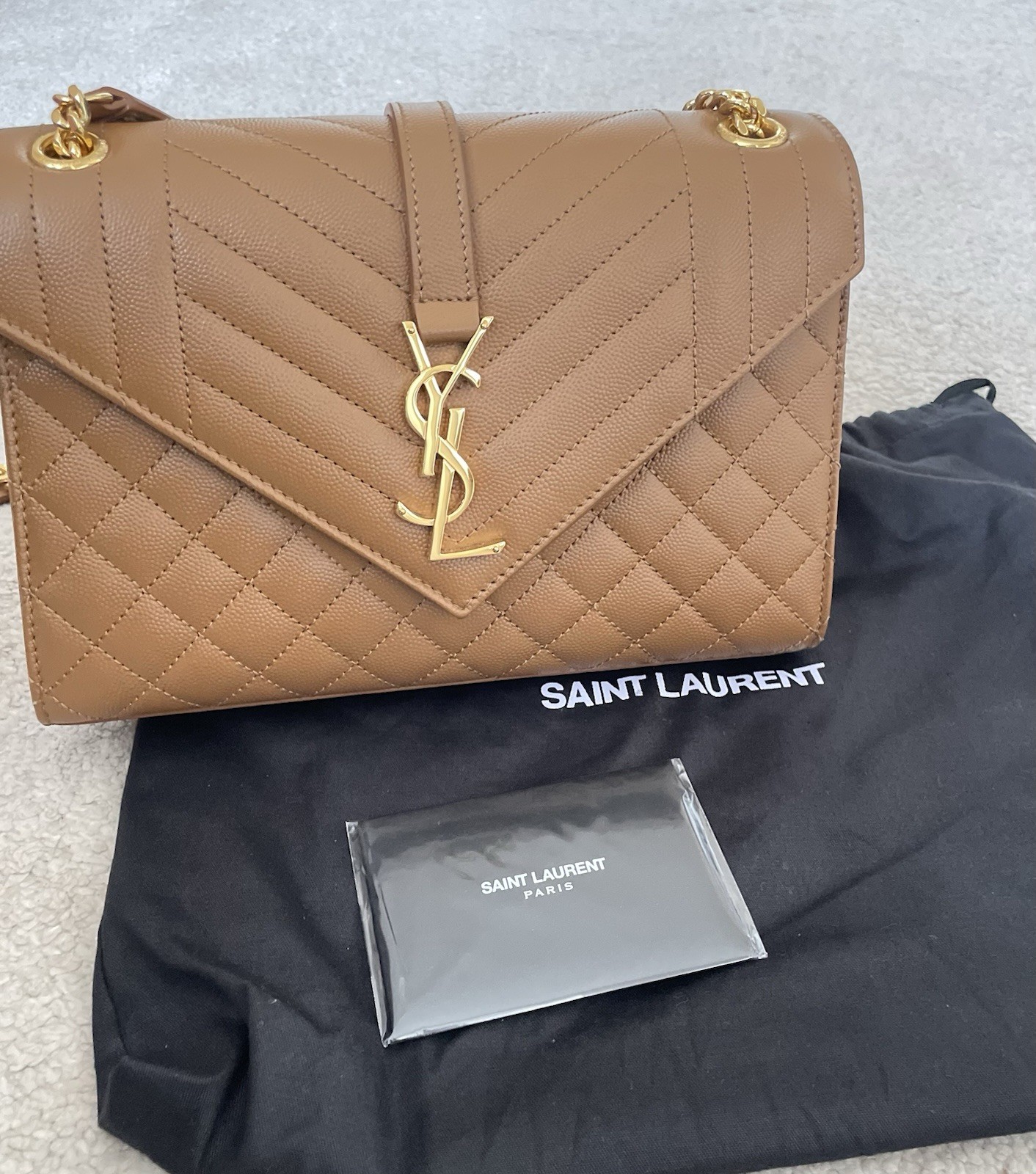 Authentic Saint Laurent Envelope Medium Bag in Dark Beige