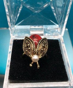 Authentic Gold plated Adjustable Ladybug Ring With Pearl Bead and Red Cabochon