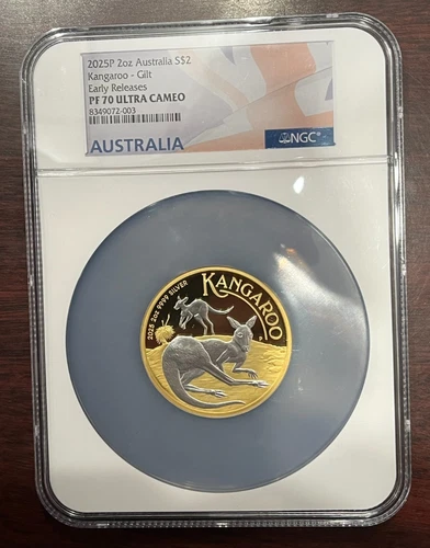 2025 Australia Kangaroo 2 oz Silver Reverse Gilded Coin NGC PF 70 UCAM
