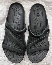 Crocs Women's Black Strappy Slip-On Flat Sandals Logo Accent Size 6