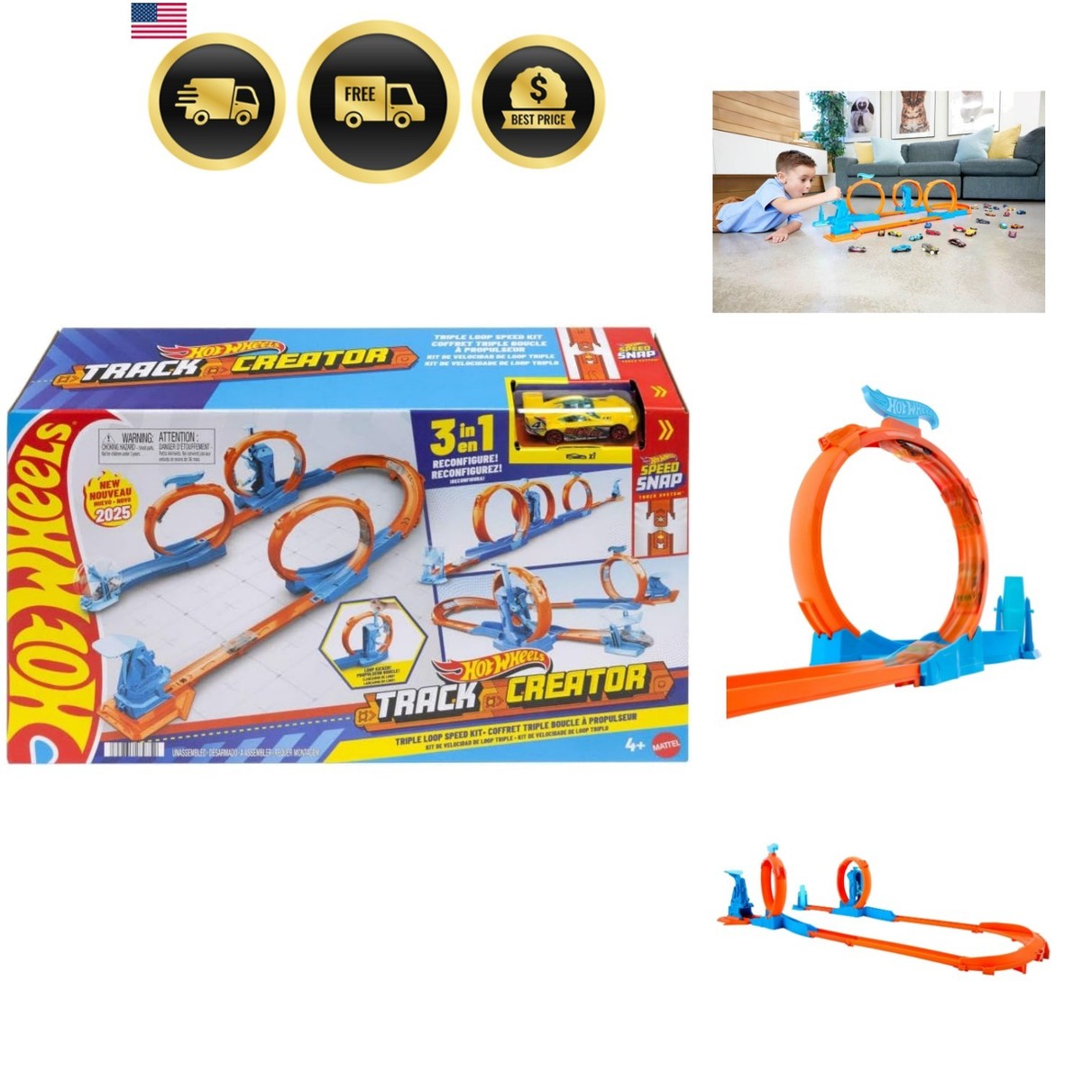 Toy Car Track Set, Triple Loop Pack & 1:64 Scale Vehicle, Track