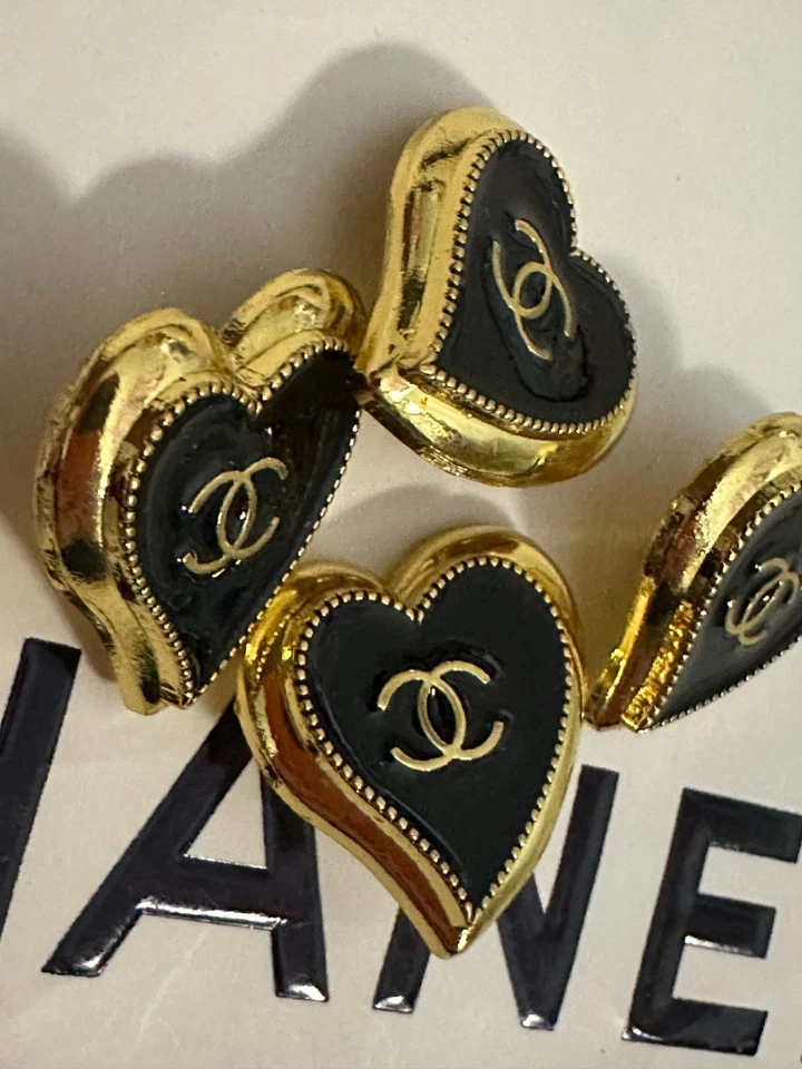 4 VINTAGE CHANEL BUTTONS Hearts, Gold  & Black  CC Heart Button Stamped - Image 4 of 4