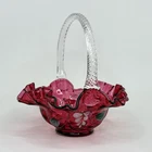 Vtg Fenton Cranberry Art Glass Ruffled Basket Vase Floral Painted by D. Barbour