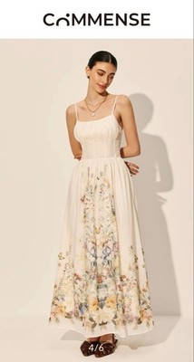 NWT COMMENSE Beige Floral Print Square Neck Maxi Dress S