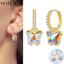 MULA Golden Sparkling Butterfly 925 Silver Hoop Earrings AAA CZ Women Jewelry