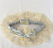 VINTAGE 80s VICTORIAS SECRET GARTER BLUE SATIN IVORY LACE PEARLS BOUDOIR BRIDAL