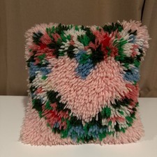 Vintage Handmade Latch Hook Heart Pillow Pink Shaggy Retro Boho Decor Floral