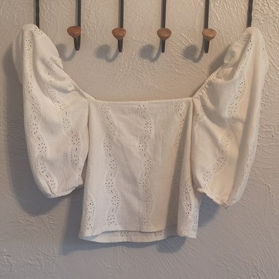 Koton White Eyelet Off-Shoulder Puff Sleeve Cropped Blouse Size M