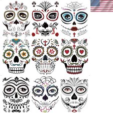 9 Sheets Floral Day of the Dead Sugar Skull Temporary Face Tattoos for Halloween