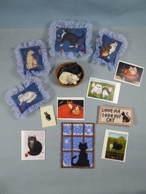 Puppenstube - 1:12 - Katzenbezogene Artikel - Kissen, Bilder usw.