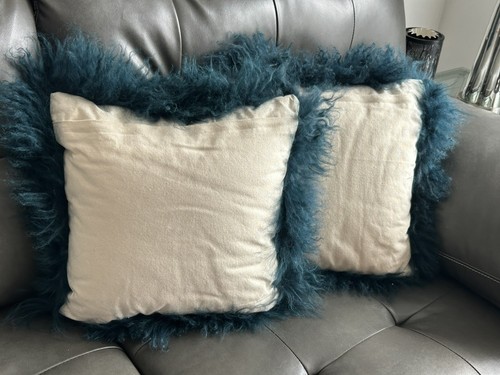 2 West Elm Mongolian Lamb Pillow Covers 16" X 16" DARK TEAL BLUE NWOT . - Picture 4 of 8