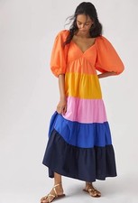 Farm Rio Colorblock Tiered Balloon Sleeve Maxi Dress Size Small