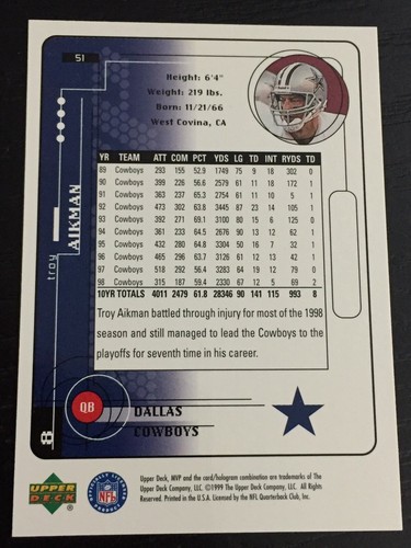 TROY AIKMAN 1999 Upper Deck MVP #51 football card ~ UCLA Dallas Cowboys QB ~ F1 - 第 2/2 張圖片