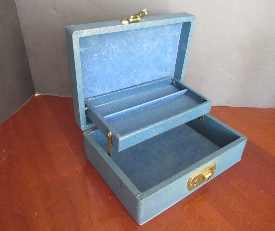 Joyero de madera genuina vintage, con dos niveles, compartimentos, azul Foto 3 de 4