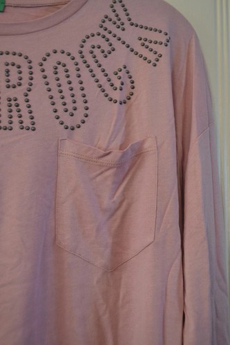 PINK WITH BEADED "YOU ROCK" LIQUID JERSEY LONG SLEEVE BLOUSE BY BENETTON ~ 13/14 - Picture 3 of 5