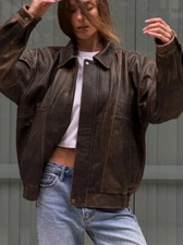 Women's Oversized Distressed Brown Leather Bomber Jacket  Oversize Baggy Jacket